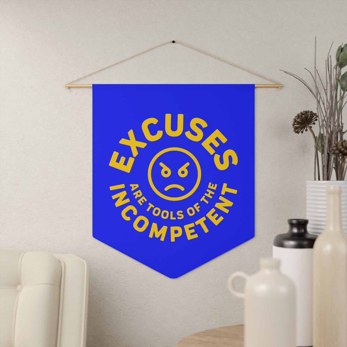 Excuses Pennant - Yellow on Blue
