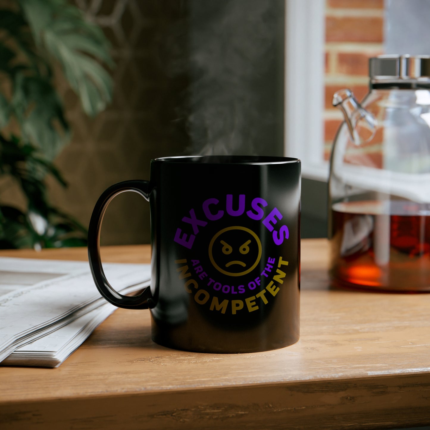 Excuses Mug - Purple + Old Gold on Black