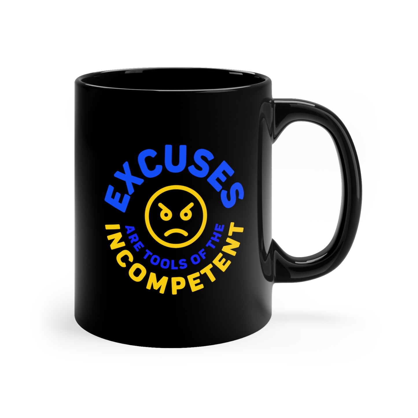 Excuses Mug Blue + Gold on Black