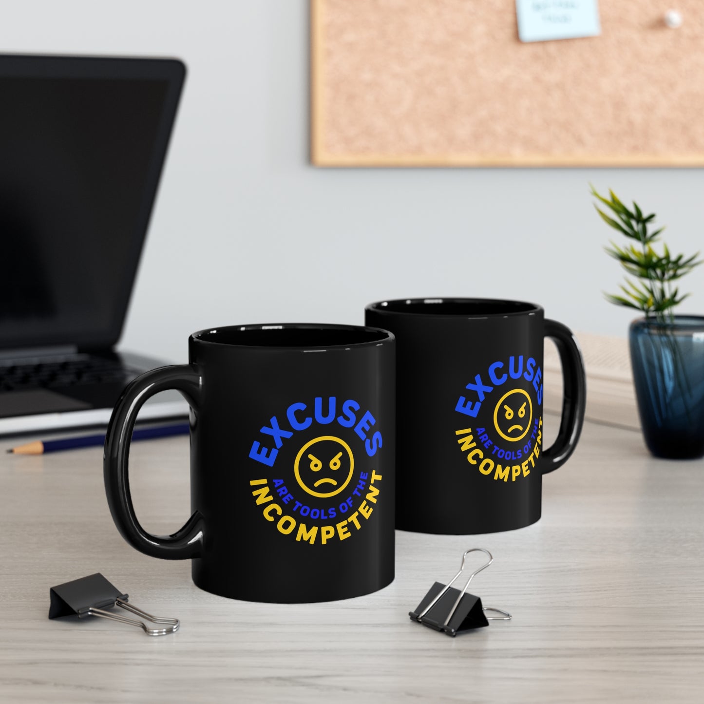 Excuses Mug Blue + Gold on Black
