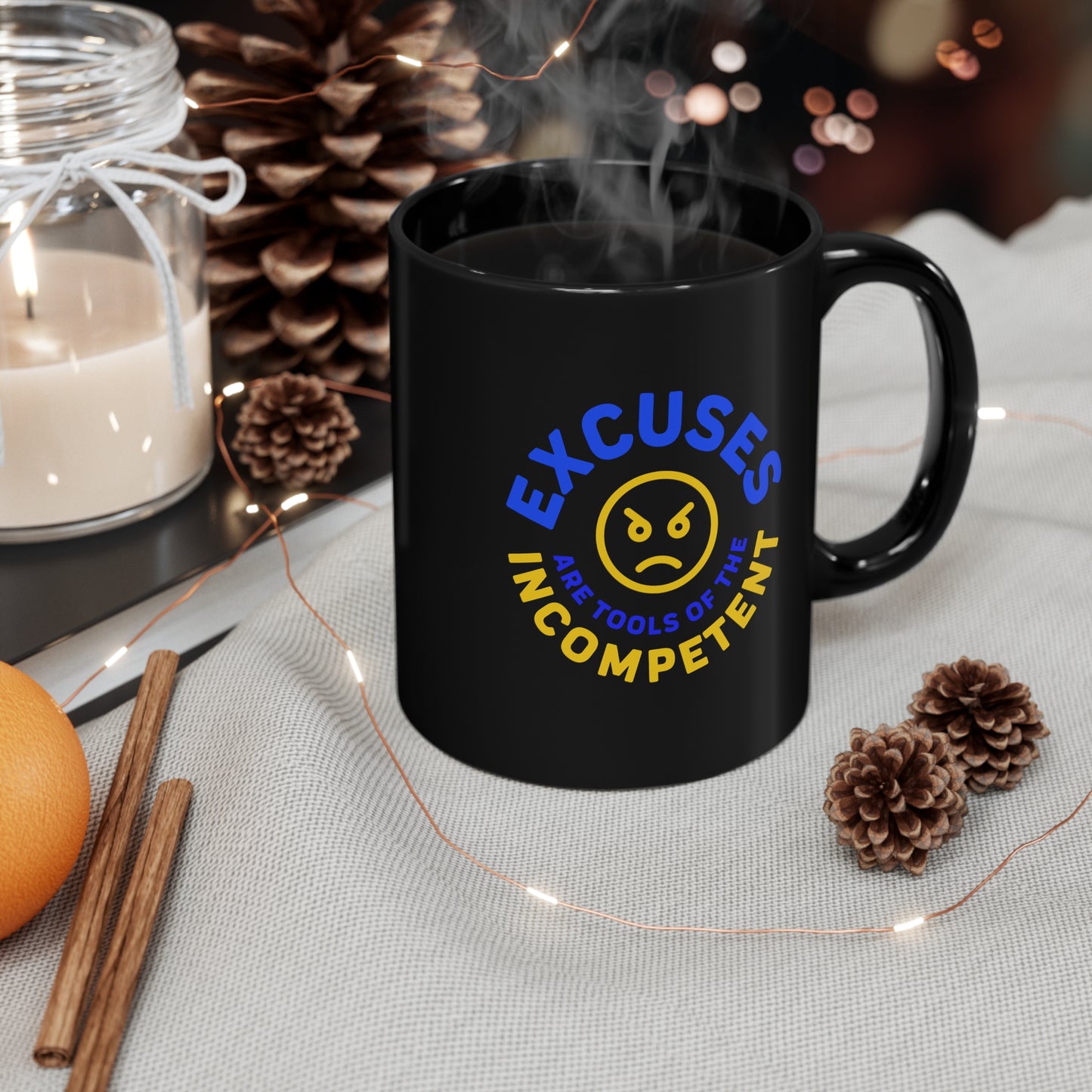 Excuses Mug Blue + Gold on Black