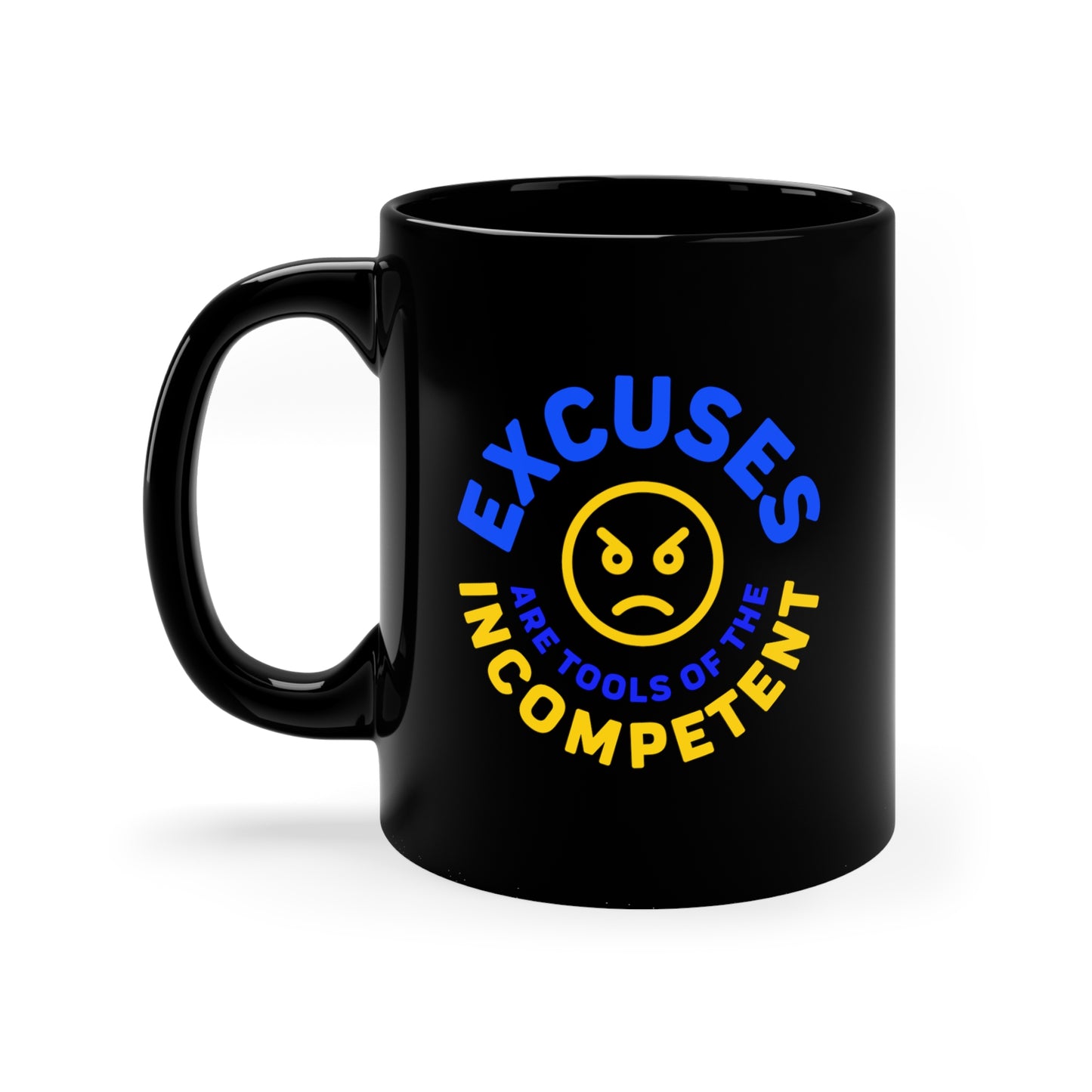 Excuses Mug Blue + Gold on Black
