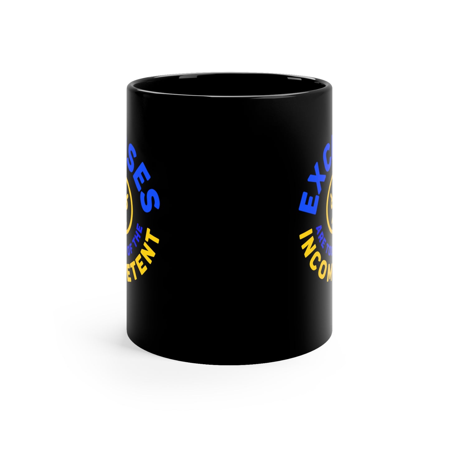 Excuses Mug Blue + Gold on Black