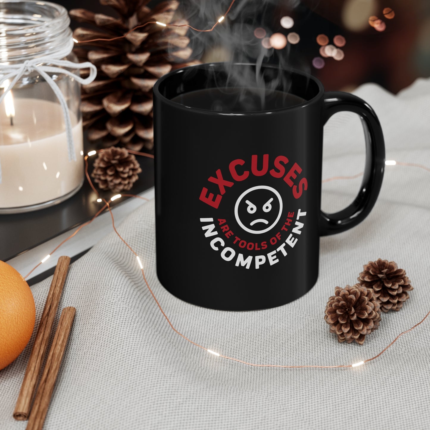 Excuses Mug - Red + White on Black