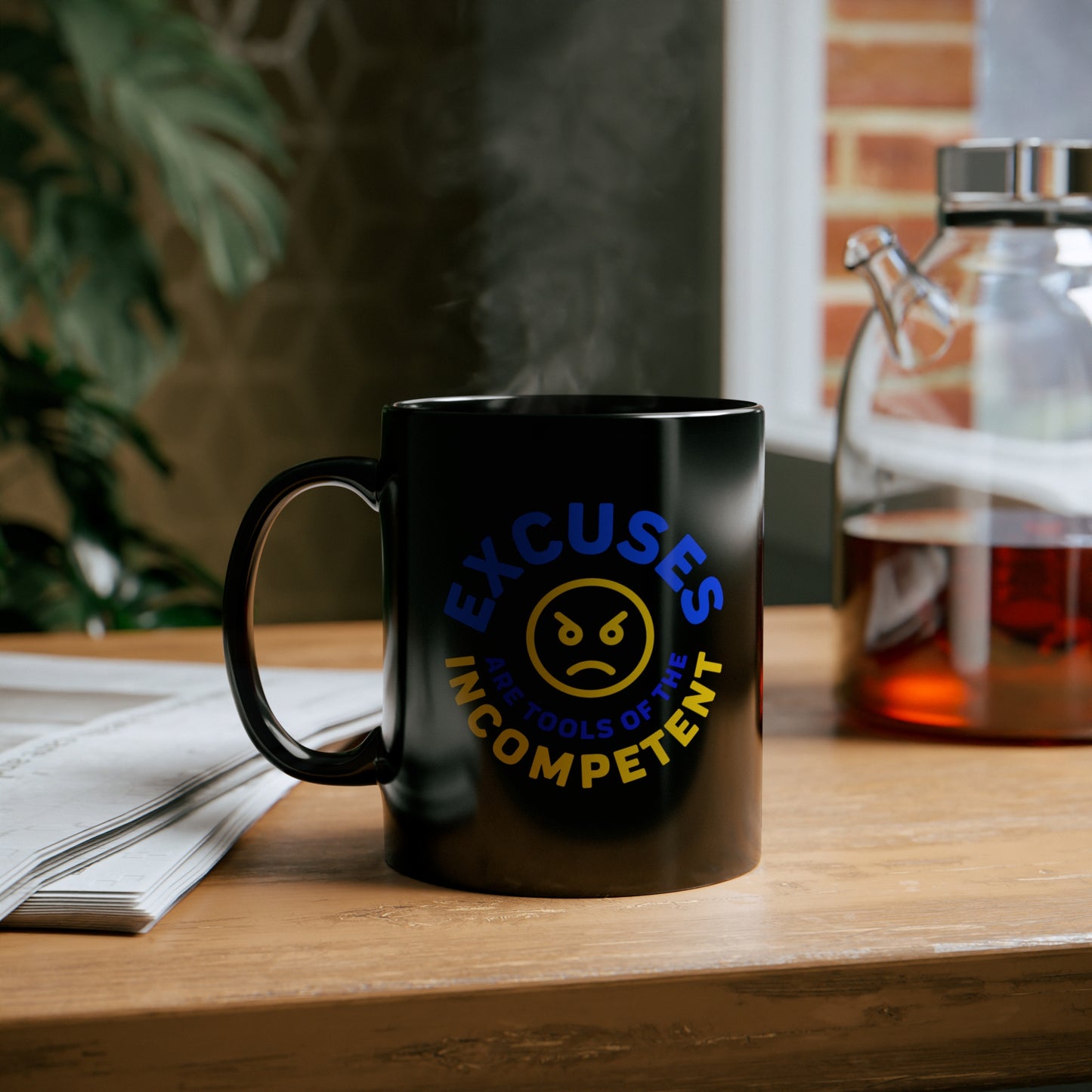 Excuses Mug Blue + Gold on Black